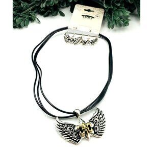 Winged Pendant Necklace & Earring Set With Black Cord & Fleur-De-Lis Design Lead